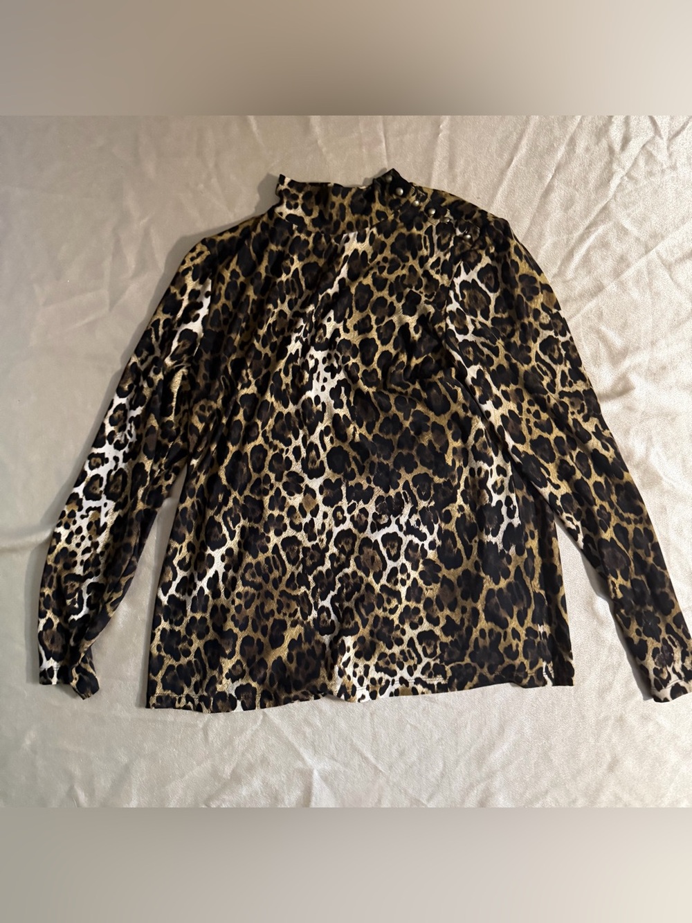 Susan Graver Leopard Print Mock Neck Long Sleeve Top w/ Shoulder Buttons Medium